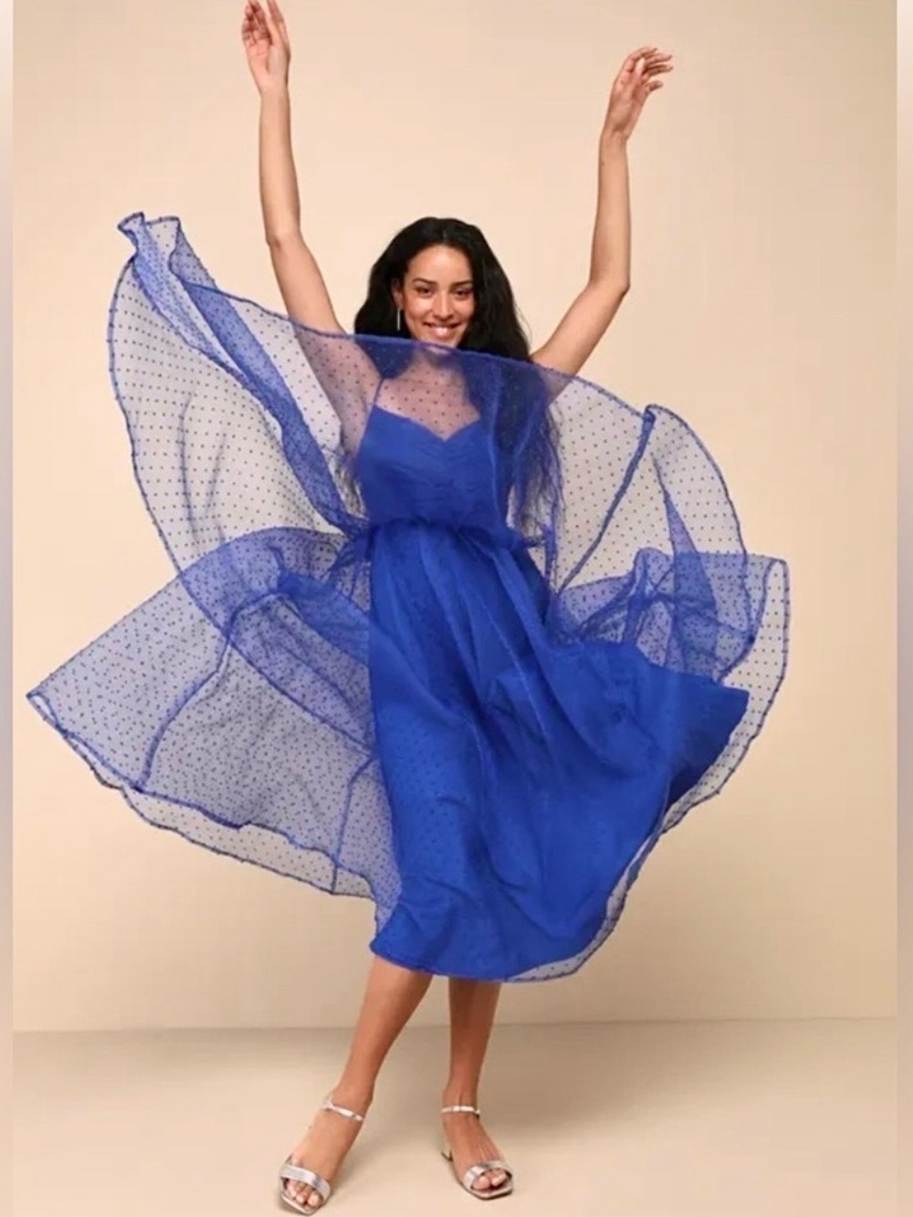 Lulu’s Favorite Event Cobalt Blue Swiss Dot Tiered Midi Dress- NWT, So Fun!